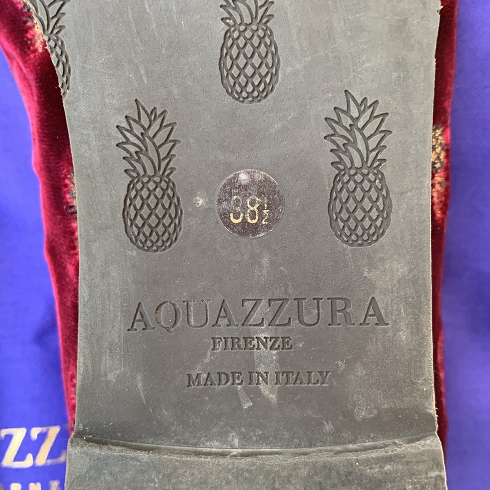 Aquazzura Maroon Velvet Embroidered Golden Pineapple Print Slip-On Ballet Flats - Picture 14 of 15